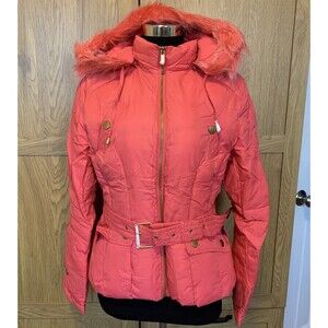Greenlander Femme Coral Puffer Jacket Fur Hood Belted Women Puffer Pink Zipper